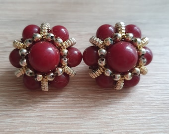 Vintage Miriam Haskell Style Clip Earrings: Garnet Red Resin, Golden Beads