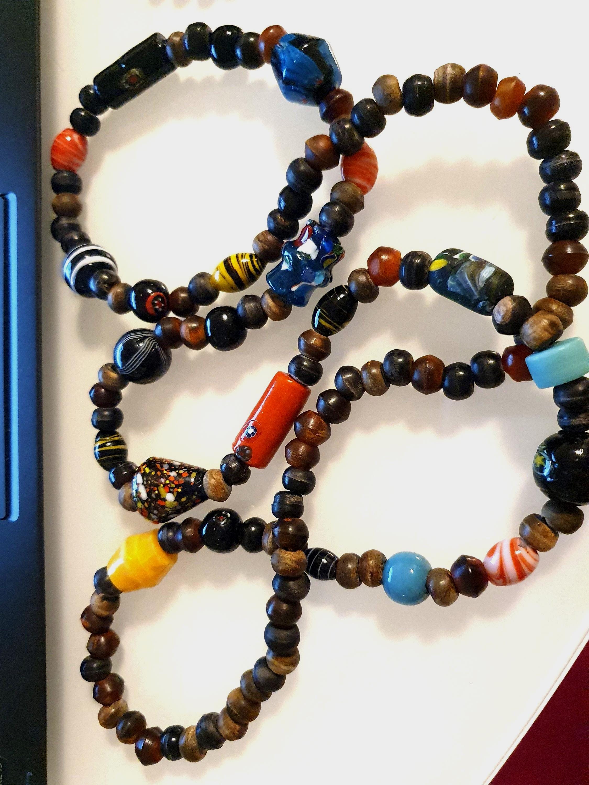 Vintage Beaded Necklace: Handmade Indian Glass & Wood, 1960s