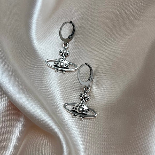 Silver space orb huggie hoop earrings hypo allergenic stainless steel silver hoops jewellery gift for her