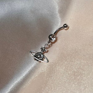 Surgical steel silver diamanté CZ belly bar space orb belly bar naval ring bar dangly belly bar gift for her