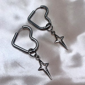 Silver chunky heart hoops dangly star earrings hypo allergenic stainless steel hoops Y2k trendy earrings gift for her