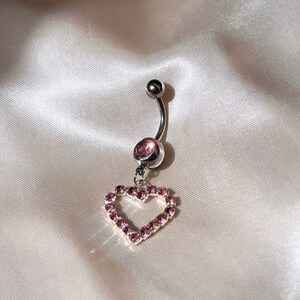 Stainless steel baby pink diamanté CZ heart belly navel ring bar gift for her dangly belly bar Y2k trendy belly jewellery