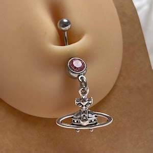 Silver baby pink diamanté CZ space orb belly naval ring dangly belly bar gift for her belly jewellery