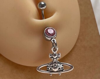 Surgical steel baby pink diamanté CZ space orb belly naval ring dangly belly bar gift for her belly jewellery