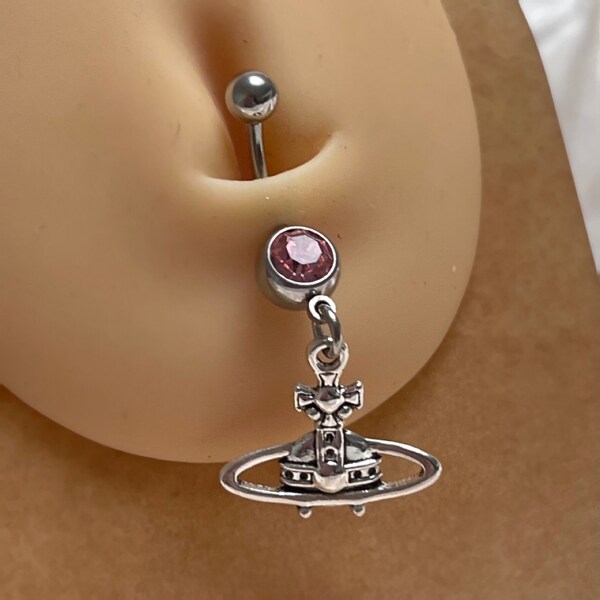 Surgical steel baby pink diamanté CZ space orb belly naval ring dangly belly bar gift for her belly jewellery