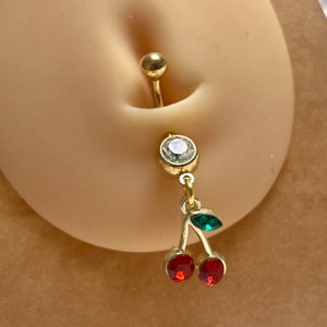 Stainless steel gold CZ dangly cherry belly bar diamanté zircon belly navel ring bar gift for her