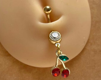 Stainless steel gold CZ dangly cherry belly bar diamanté zircon belly navel ring bar gift for her