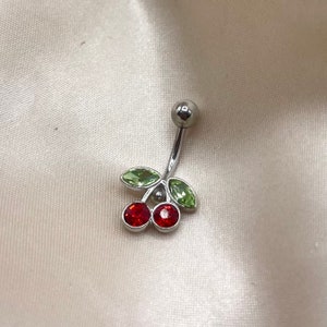 Surgical steel silver cherry CZ diamanté zircon belly navel ring bar