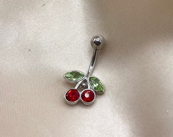 Surgical steel silver cherry CZ diamanté zircon belly navel ring bar