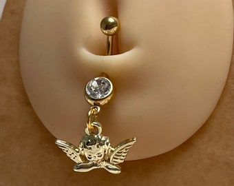 Stainless steel gold cherub angel diamanté zircon belly bar navel ring