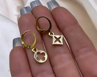 Gold monogram blossom huggie hoop earrings hypo allergenic stainless steel earrings gold hoops