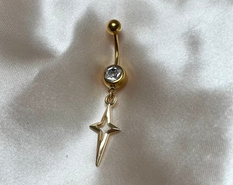 Stainless steel gold star CZ diamanté zircon belly navel ring bar