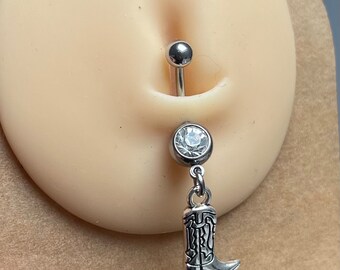 Surgical steel silver diamanté CZ cowgirl boot belly ring bar dangly belly bar gift for her