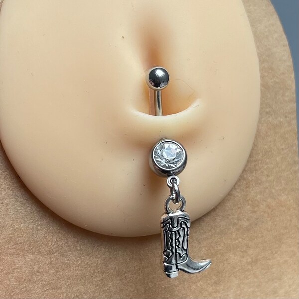 Surgical steel silver diamanté CZ cowgirl boot belly ring bar dangly belly bar gift for her