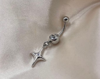 Surgical steel silver diamanté CZ Star belly bar naval ring dangly belly bar gift for her belly jewellery
