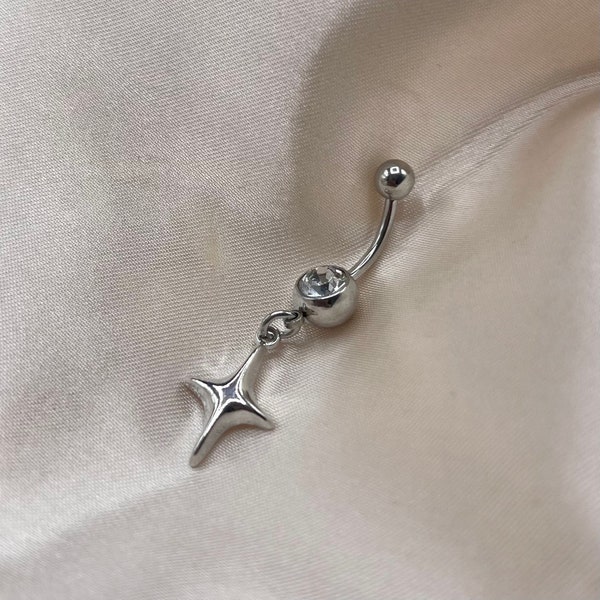 Surgical steel silver diamanté CZ Star belly bar naval ring dangly belly bar gift for her belly jewellery