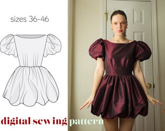 MERRY dress sewing pattern, bubble hem dress evening dress party dress puff sleeve, PDF sewing pattern, sizes 36-46, skarbekstudio