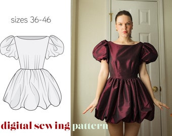 MERRY dress sewing pattern, bubble hem dress evening dress party dress puff sleeve, PDF sewing pattern, sizes 36-46, Egome patterns