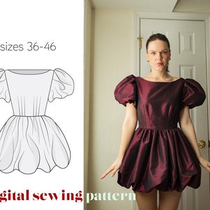MERRY dress sewing pattern, bubble hem dress evening dress party dress puff sleeve, PDF sewing pattern, sizes 36-46, skarbekstudio