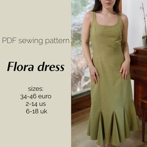 Puede incluir: Patrón de costura PDF para un vestido Flora. Las tallas incluidas son 34-46 euro, 2-14 US y 6-18 UK.