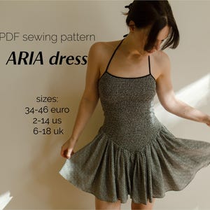 Pode incluir: Um padrão de costura PDF para um vestido ARIA. O padrão inclui os tamanhos 34-46 euro, 2-14 US e 6-18 UK.
