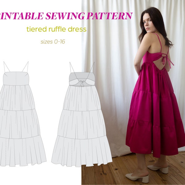 SUMMER PDF Digital Sewing Pattern tiered ruffle dress with open back I sizes 0-16