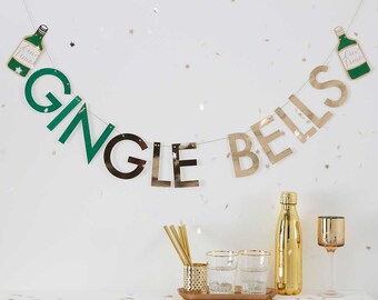 Glitter Gingle Bells Christmas Gin Party Bunting - Gold Glitter