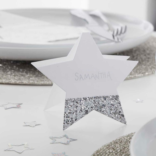 Silver Glitter Star Christmas Place Cards