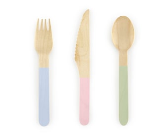 Mint, Blue & Pink Mix Wooden Cutlery Set