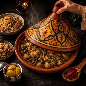 Puede incluir: Un tajine de cerámica con tapa cónica decorada con patrones pintados en amarillo y negro, que contiene un plato de pollo, patatas y aceitunas. El tajine está rodeado de cuencos con cuscús, ensalada picada y una cuchara de madera con salsa roja.