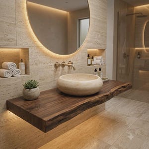 Könnte beinhalten: Ein Badezimmerwaschtisch mit einem schwebenden Regal aus dunklem Holz mit Naturkante, einem runden Steinwaschbecken und einer Wandarmatur. Die Wand ist mit beigen Travertinfliesen verkleidet und verfügt über einen großen, beleuchteten Spiegel.