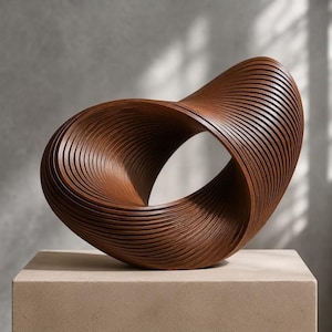 Può includere: Una scultura in legno marrone scuro caratterizzata da una forma continua a spirale simile a un nastro con molteplici listelli stratificati. L'oggetto ha una finitura liscia e lucida e crea una complessa struttura a cerchio cavo.