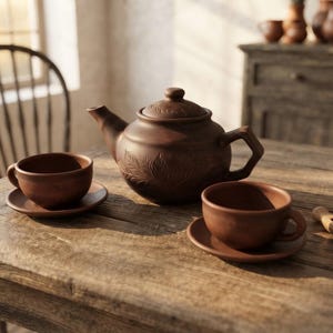 Puede incluir: Una tetera de arcilla marrón oscuro con tapa a juego y dos tazas sobre platillos. La tetera presenta un patrón de hojas talladas en el cuerpo y la tapa, un pico curvo y un asa angular. Las tazas son redondas con asas pequeñas y platillos.