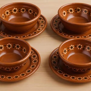 May include: A set of four terracotta bowls and matching saucers, each featuring a hand-painted floral pattern with white and dark brown petals arranged in a circular border along the inner rim of the bowls and the outer edge of the saucers.