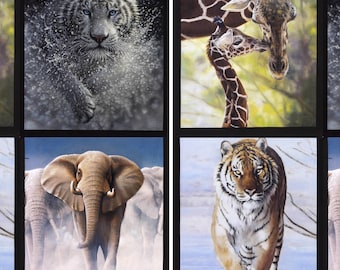 100% Cotton Fabric - Animal Panels, Riley Blake, On Safari, Elephant Tiger Giraffe