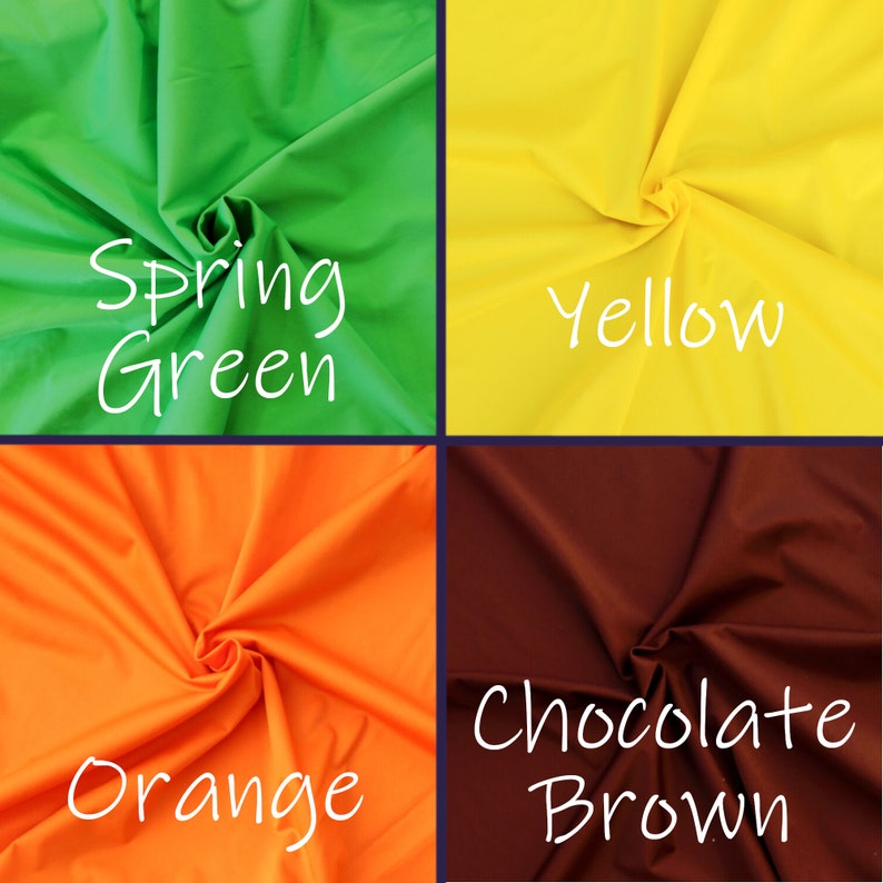 May include: Four fabric swatches in different colors: spring green, yellow, orange, and chocolate brown.