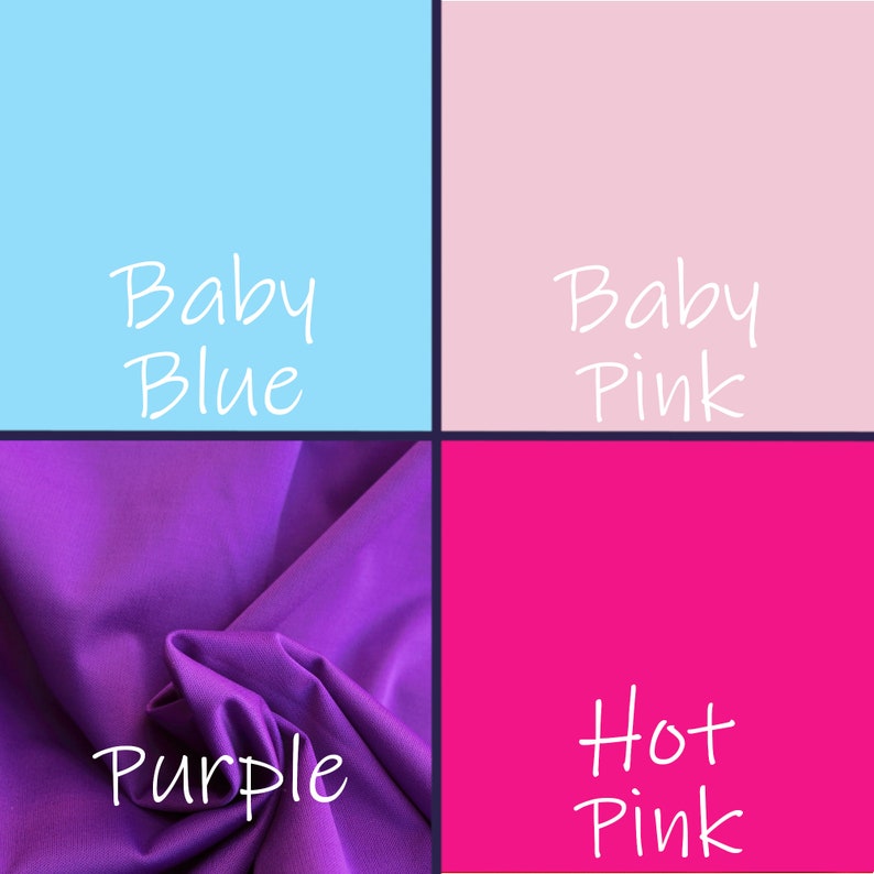 May include: A color chart with four squares showing different shades of pink and blue. The squares are labeled "Baby Blue", "Baby Pink", "Purple", and "Hot Pink".