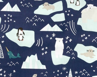 Riley Blake - Nice Ice Baby - 100% Cotton Fabric - Winter Animals - Penguin, Polar Bear, Seal, Narwhale. Icebergs On Navy