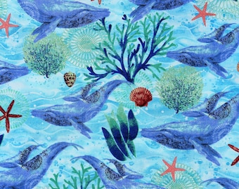100% Cotton Fabric - Studio E - Deep Blue Sea, Ocean Whales