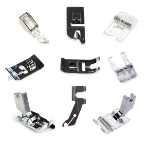 May include: Assortment of sewing machine presser feet in silver and clear plastic. The feet are designed for different sewing tasks, such as zippers, buttons, and edges.