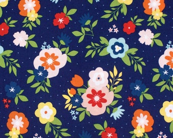 Riley Blake - Sew Much Fun - 100% Cotton Fabric - Kids Quilting Cotton, Navy Floral and Leaf Cotton Fabric, Flower Garden