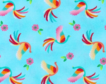 100% Cotton Fabric -Michael Miller - Dancing Phoenix, Blue Bird Patterned Designer Cotton, Oeko Tex