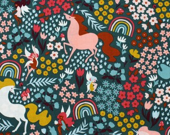 100% Cotton Fabric - Riley Blake - Fairy Dust - Unicorn Fairy Flowers & Rainbows on Jade, Oeko Tex
