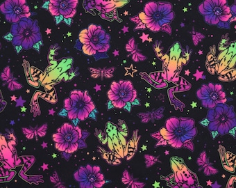 Enchanted Pond Life, Waterproof Polyurethane Laminate PUL Fabric - Oeko Tex, Frogs & Flowers Pschadelic
