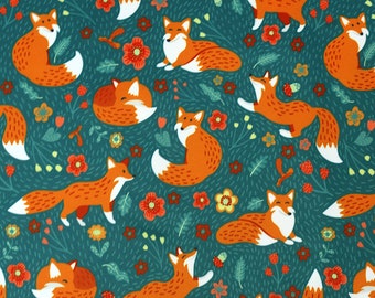 Frolicking Foxes, Waterproof Polyurethane Laminate PUL Fabric - Oeko Tex, Fox Woodland & Meadow Animals Teal