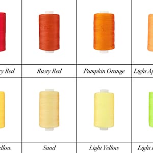 May include: Eight spools of thread in various shades of red, orange, yellow, and green. The thread colors are: Bright Berry Red, Rusty Red, Pumpkin Orange, Light Apricot Orange, Lemon Yellow, Sand, Light Yellow, and Light Fresh Green.