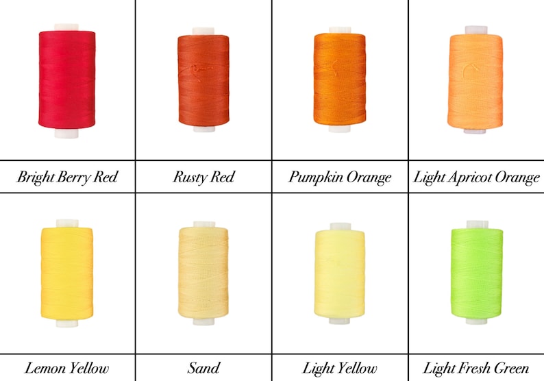 May include: Eight spools of thread in various shades of red, orange, yellow, and green. The thread colors are: Bright Berry Red, Rusty Red, Pumpkin Orange, Light Apricot Orange, Lemon Yellow, Sand, Light Yellow, and Light Fresh Green.