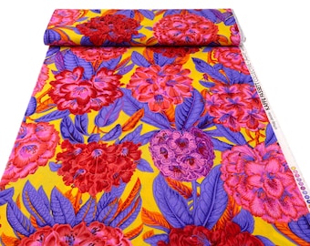 100% Cotton Fabric - Kaffe Fassett Collective, FreeSpirit, Yellow Pink Red Blue Floral, Rhododendrons, August 2023 Collection, Large Flowers