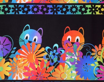 100% Cotton Fabric - In The Beginning Fabrics - PAWsitivity large cat kitten floral border pattern