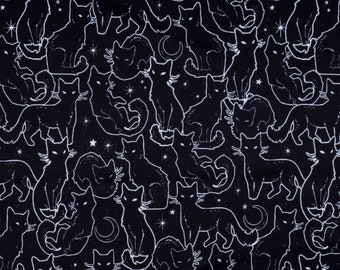 Kitty Constellations, Waterproof Polyurethane Laminate PUL Fabric - Oeko Tex, Black Cats & Kittens